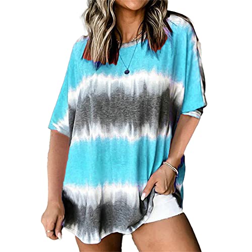 Janepam Women T-Shirt for Summer Tops Baggy Tie-dye Ombre Gradient Striped Oversized Short Sleeve Plus Size Tee Blouse(A Blue,M)