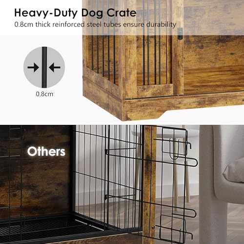 MSFE Hundebox Möbel,Holz-Hundehütte mit Doppelschiebetüren&Seitliches Türschloss,hundekäfig Indoor für Hunde Kleiner, Mittlerer Rassen,Hundehütte aus Mesh,Beistelltisch Hundehaus,105 * 58 * 75.4cm