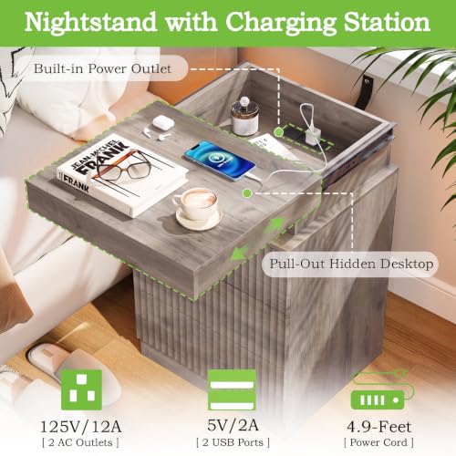 Image of Fluted LED Night Stand with Charging Station, Wood Grey