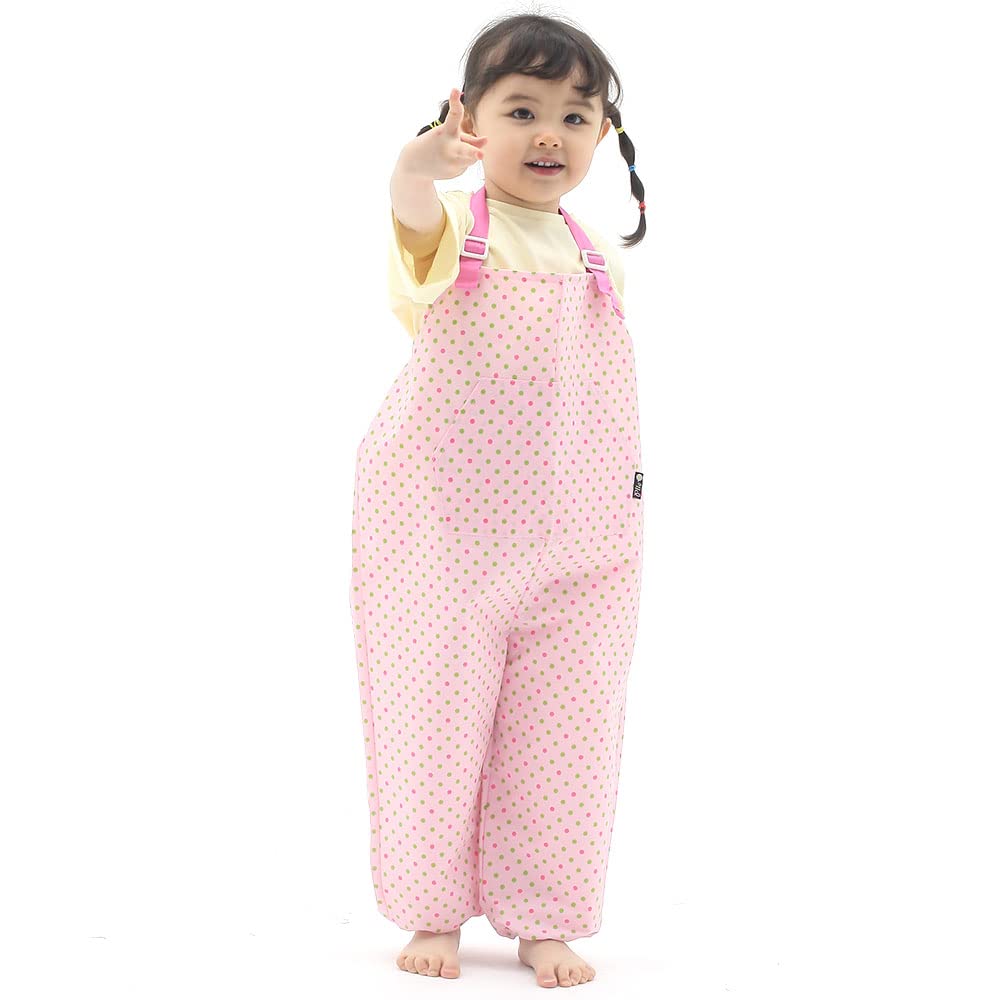 Kids Art Smock Dungaree Style, Lightweight Waterproof Painting Apron with Adjustable String, Quick-Dry Messy Play Overall for Boys Girls School Crafts, P/Green Dot (52-M)