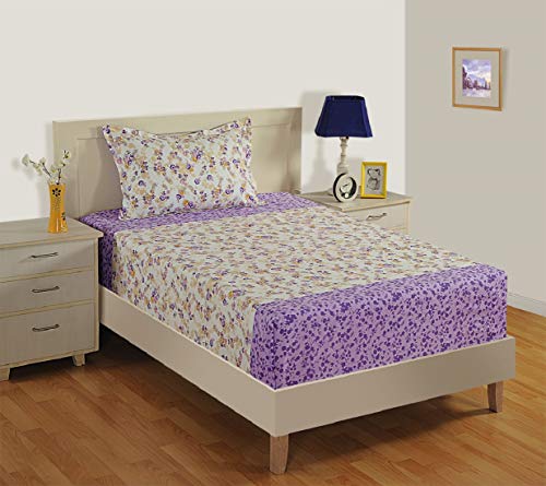 Image of Swayam Pure Cotton King Bedsheet with 2 Pillow Covers | Size 108 x 108 inch | 160 TC | Floral Design | Soft Breathable Bed Sheet | Comfortable & Durable for Bedroom - Cream & Purple