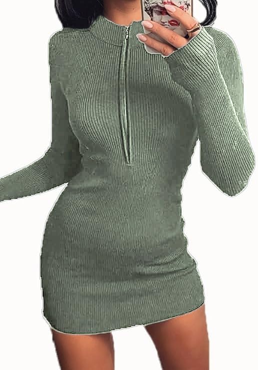 Weardear Kleid Damen Langarm Bodycon Pulloverkleid Elegant V-Ausschnitt Winterkleid Casual Einfarbig Eng MiniKleid Weich Warm Longpullover Hellgrün S