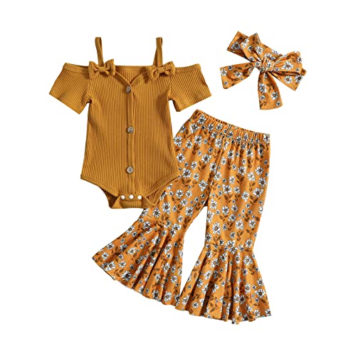 Image of Fernvia Infant Baby Girl Clothes Suspenders Short Sleeve Ribbed Romper Flared Pants Set Headband 3pcs Summer Outfit