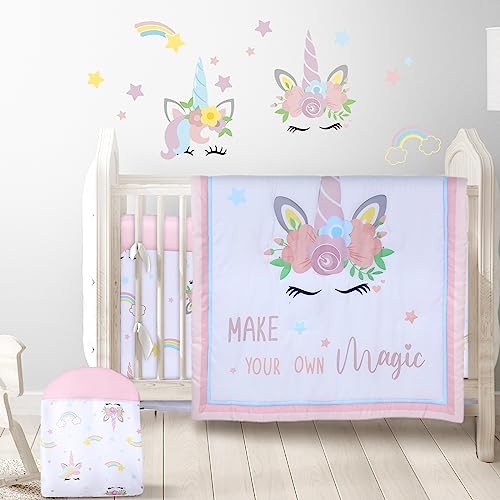 Image of Leumoi 5 Pieces Crib Bedding Set for Boys and Girls Baby Nursery Bedding Standard Size Baby Crib Bedding Set Including Crib Skirt Blanket Crib Sheet Diaper Stacker and Wall Decals (Unicorn)