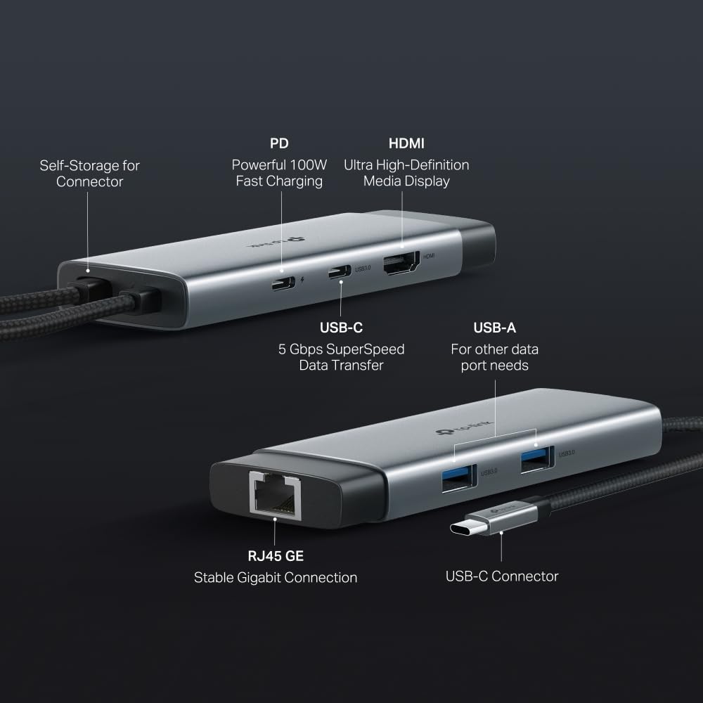 TP-Link UH6120C Hub USB C 6 in 1, 1 HDMI 4K@60Hz, 1 Gigabit Ethernet, 1 PD Rapida a 100 W, 3 Porte di USB 3.0 (1 USB-C, 2 USB-A), SuperSpeed a 5 Gbps, Adattatore per Windows, Mac OS X, iOS, Android