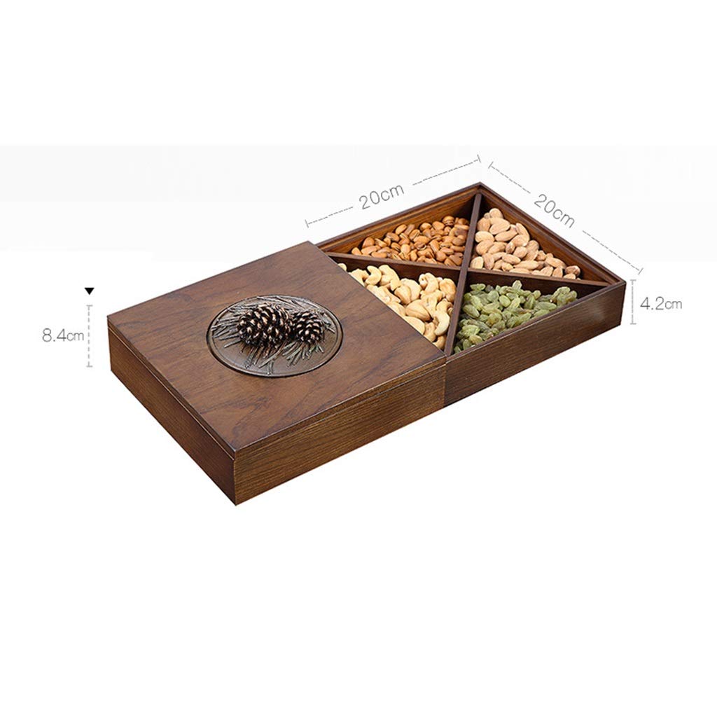 Trockenobst-Tablett, Serviertablett for Nüsse und Süßigkeiten, Nussschale im Wohnzimmer, Nuss-Servierplatte mit Holzfach, Serviertablett mit Deckel, Nussschalen for Chips, Süßigkeiten(20*20*8.4cm)
