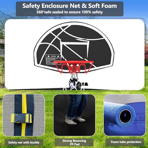 Upgraded Trampoline 8FT/10FT/12FT/14FT With Basketball Hoop, Light, Sprinkler, Stakes - Outdoor Backyard for 4-6 Kids and Adults