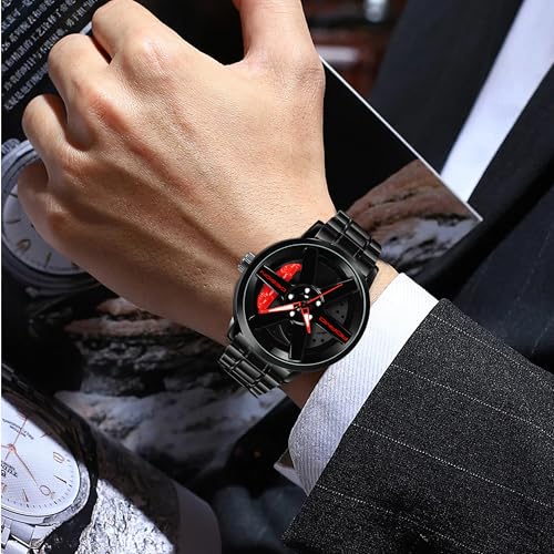 Image of ADAMO Men's New Car Wheel Watch with Rolling Creative Fashion Analog Watch, Black Dial Zink Alloy Case Men's Watch, Stainless Steel Black Color Band, Quartz Movement, Water & Scratch-Resistant