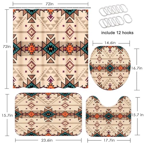 ArtSocket African Boho Retro Bathroom Set with Shower Curtain and Rugs Accessory, Traditional Rhombus Summer Colorful Abstract Shower Curtain for Bathroom Decor 4 Pcs