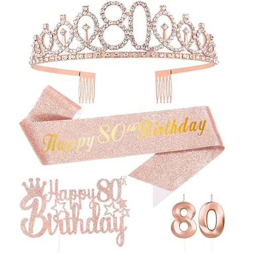 Or Rose 80 Ans Decoration Anniversaire, Inclus 80 ans Echarpe et Couronne Anniversaire,Bougie,Happy Birthday Cake Toppers Decoration Fille Femme