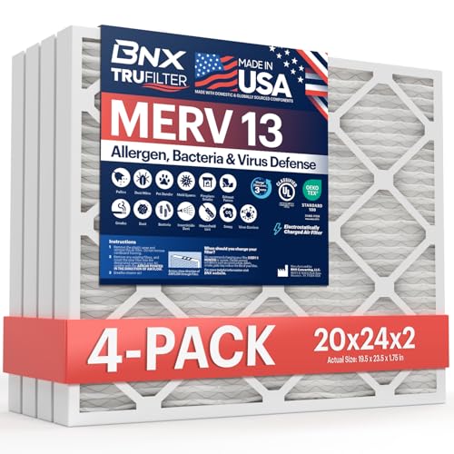 BNX TruFilter 20x24x2 Air Filter MERV 13 (4-Pack) - MADE IN USA - Electrostatic Pleated Air Conditioner HVAC AC Furnace Filters for Allergies Pollen Mold Bacteria Smoke Allergen MPR 1900 FPR 10