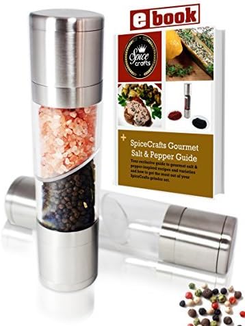 The Original SpiceCrafts Salt and Pepper Grinder Set, Stainless Steel Kitchen Tool, FREE Recipe eBook & Guide, Pure Ceramic, Dual Mill, Beautiful Centerpiece and cooking utensil