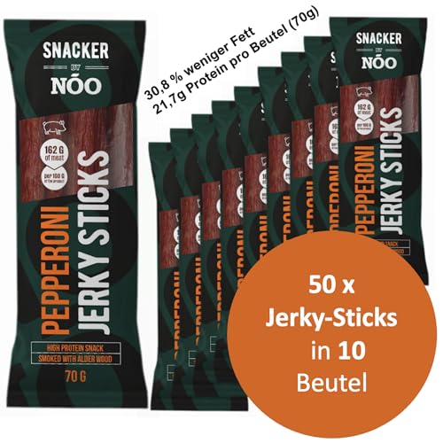 SNACKER BY NOO Jerky Sticks - 10er Pack (10x70g), 50x Eiweißreiche Pepperoni Jerky Sticks in 10 Beutel, Trockenfleisch Eiweiß Snacks, 31% Eiweiß: 21,7g Protein pro Beutel, Low Fat, High Protein Snack