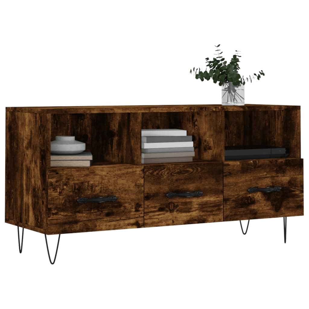Szafka pod telewizor dąb wędzony 102 x 36 x 50 cm, materiał drewnopochodny, wytrzymała szafka na media z 3 półkami i 3 szufladami, nowoczesne centrum rozrywki do salonu, sypialni, żelazne nogi