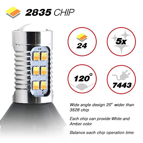 2x Error Free 7443 (Type-2) LED Switchback White-Amber Front Turn signal Light Bulbs, Load resistor connected, Plug and play