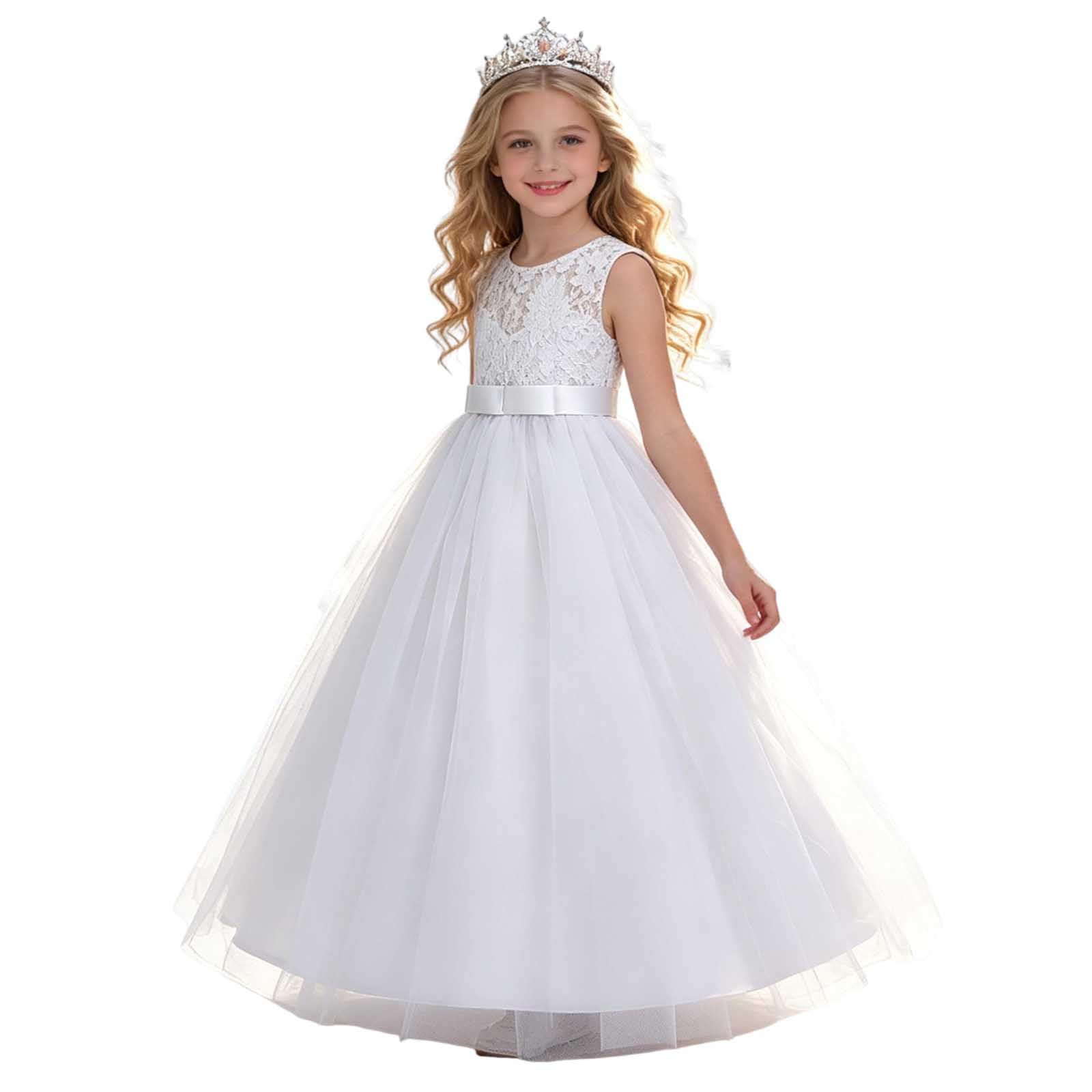 Girls Prom Dress Lace Bodice Tulle Maxi Dress Kids Sleeveless Satin Waist Princess Gown Elegant Style Fancy Dresses Wedding Pageant Birthday Party Formal Wear 5 Years White