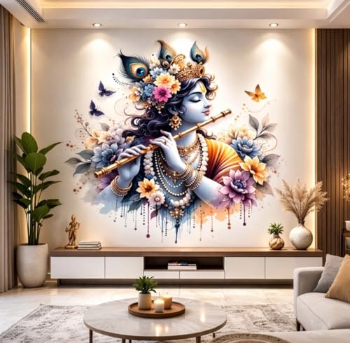 Image of Lord Krishna Playing Flute Wall Sticker, Watercolour Floral Design, Spiritual Home Decor for Pooja Room, Krishna with Flute, Bedroom, Living Room, Kids Room, 3D Decal Sticker, Extra Large Size