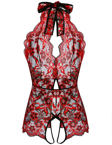 Image of Ababoon Women One Piece Lingerie Lace Sexy Baby Dolls Teddy Sleepwear (Black&red, Large)