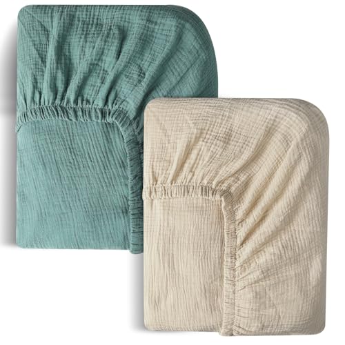 Image of FHMJYH Muslin Cotton Crib Sheets 2 Pack - 100% Cotton, Soft & Breathable - Standard & Toddler Sizes (28x52 Inch) - Unisex, Bohemian Style