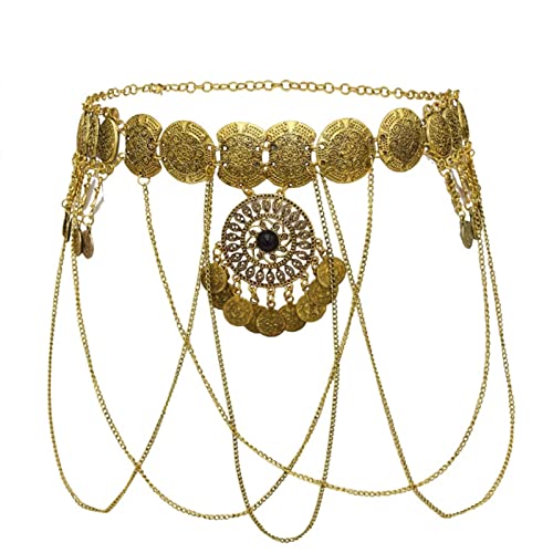 Vintage Flower Turquoise Chain Belts Silver Pear coin Pendant Metal Waist Belt Western Body Jewelry for for Women Dress Vest Jeans for Waistline 25-45inch (Gold Plated)