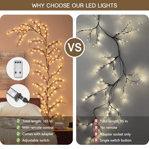160 LED Plug In Vines Lights Room Decor with Remote, 8 Modes and Timer, Indoor Home Plants Flowers Tree Willow Lights, Artificial Tree for Walls Bedroom Living Room Kitchen Coffee Shop Decor(Black) - Image 5