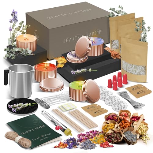 Image of Hearth & Harbor Organic Soy Candle Making Kit for Adults, DIY Crafts, Complete Candle Making Supplies Include Natural Soy Wax, Tins, Dried Flowers, Wicks & More - Gift Idea, Perfect Home Decor - 2 Lbs