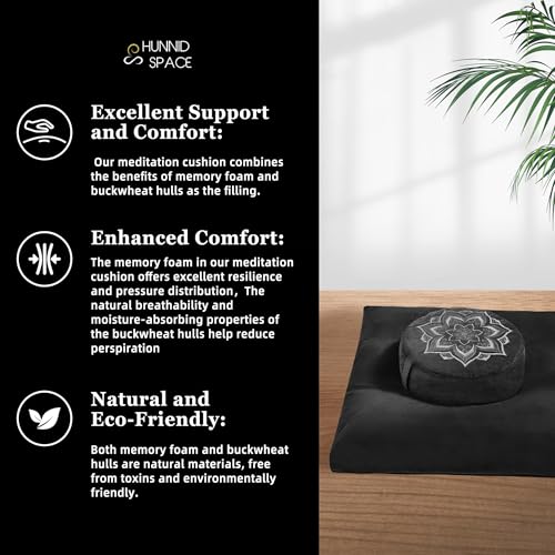 Meditation Zafu Cushion Set with Buckwheat Hulls & Memory Foam - Ergonomic Support for Yoga & Sitting - Removable Machine-Washable Luxury Velvet Cover - for Adults and Kids (Black) - Image 7