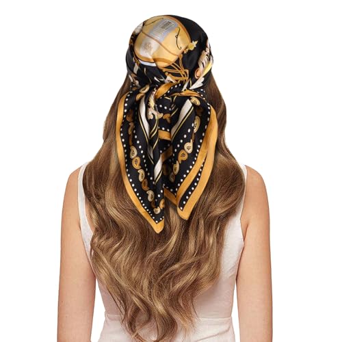 EXTREE 100% Pure Mulberry Silk Scarf Fashion Hair for Women Scarf Lightweight Square Neckerchief 27.5× 27.5 inches Black Horse and Carriage