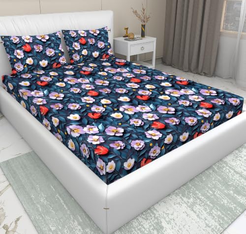 Image of DECORUM 300TC Glace Cotton Elastic Fitted King Size Bedsheet (72''X78'') with 2 Pillow Covers | Soft & Comfortable Cotton Feel | Fits Upto 8'' Mattress | Navy-Blue Botanical Floral