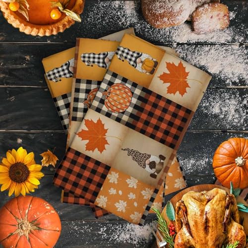 Image of Fall Kitchen Towels Gnome Turkey Pumpkin Thanksgiving Hand Towels Buffalo Check Plaid Dish Towel Cleaning Cloth Soft Absorbent Quick Drying Dish Cloths for Kitchen, Bathroom Autumn Decoration