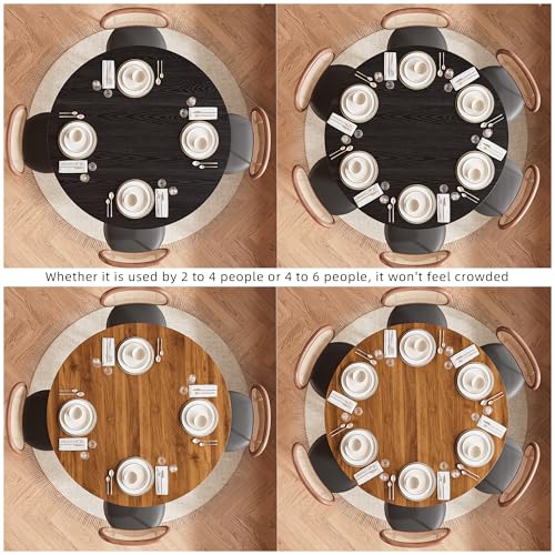 Image of 47 Inch Round Dining Table for 4-6, Space Saving Circle Kitchen Table with Storage, Mid Century Modern Dinner Table with Metal Legs, Wooden Farmhouse Dining Room Table for Living Room, Walnut