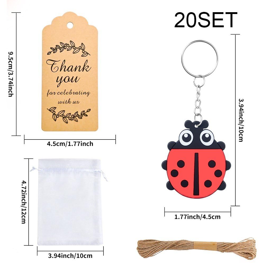 Confezione 20 Bomboniere a Tema Coccinella, Include 20 Portachiavi, 20 Etichette E 20 Sacchetti Regalo per Feste a Tema Coccinella, Baby Shower, Compleanni, Riempitivi per Sacchetti Regalo