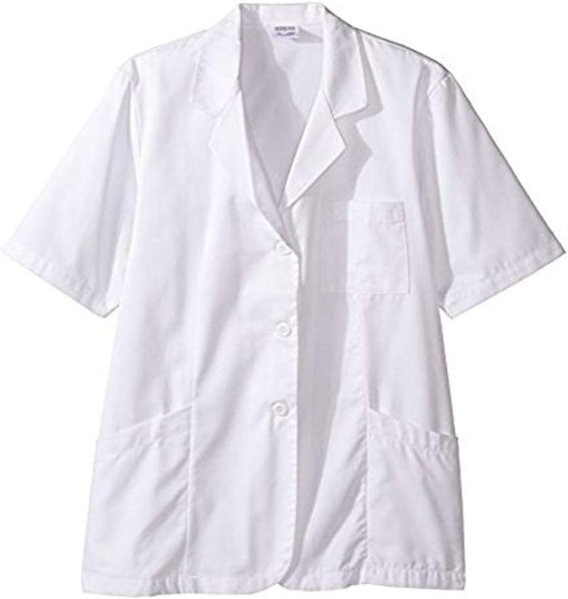Worklon 105S Polyester/Cotton Ladies Short Sleeve Pharmacy Lab Coat with Button Front Closure, Small, White
