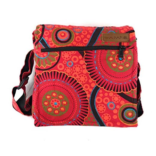 Bolso de hombro de algodón para mujer, estilo étnico indio, Boho Maliprint bolsa de algodón con solapa. Hippie bohemio (Red)