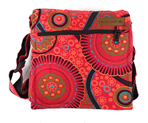 Bolso de hombro de algodón para mujer, estilo étnico indio, Boho Maliprint bolsa de algodón con solapa. Hippie bohemio (Red)