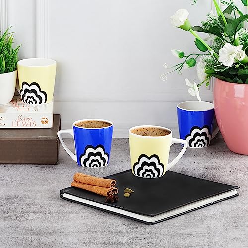 Image of Dandy Lines Conical Medium Yellow & Blue Cloud, Ceramic Coffee Mug Set, Pack of 6, Microwave & Dishwasher Safe, Great for Home Use & Gifting