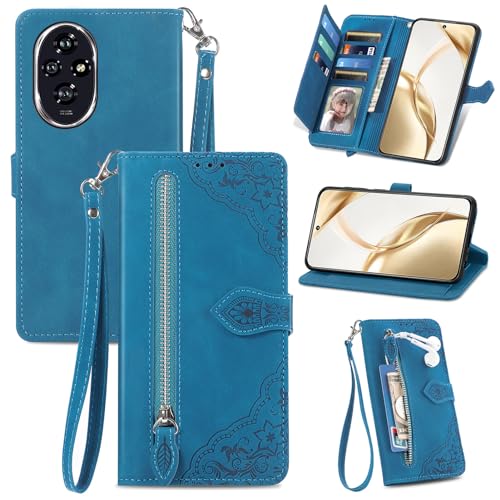 Fertuo Cover per Honor 200 5G, Custodia a Libro in Pelle PU Flip Case con Porta Carte, Chiusura Magnetica e Cinturino [Disegni di Fiori] Portafoglio Antiurto per Honor 200 5G, Blu