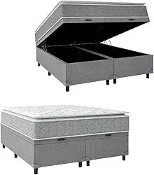 Cama Box Baú Colchão Molas Ensacadas Pillow Top Perfect Cinza/Branco Umaflex - Suporta até 120kg por Pessoa (Queen)
