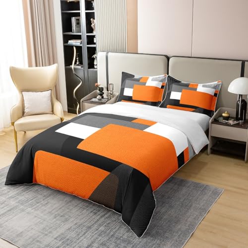 Orange and Black Duvet Cover 100% Cotton Geometry Bedding Set for Kids Boys Girls Teens Room Decor Geometric Square Comforter Cover Set Double Size Abstract Art Bedspread Cover 3Pcs Zipper - Image 3