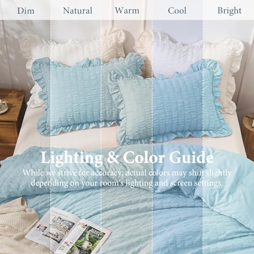 Image of JOLLYVOGUE Light Blue King Size Comforter Set, 3 Pieces Seersucker Comforter King Size, Lightweight & Fluffy Bedding Sets for All Season with 1 Ruffle Comforter and 2 Ruffle Pillowshams