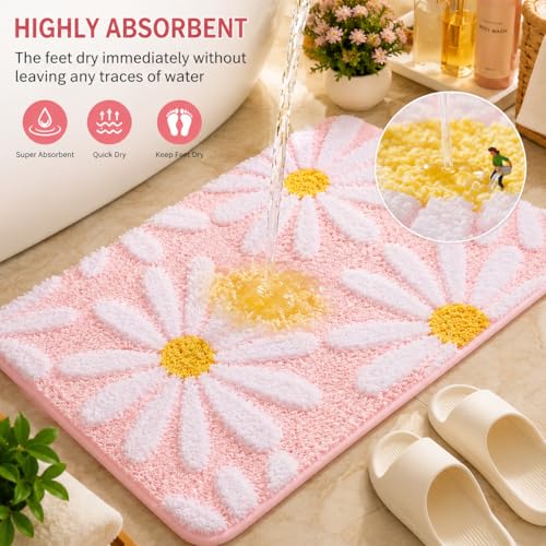 Image of Cotton Floral Door Mat | Water Absorbent, Anti-Skid, Machine Washable Floor Mat | Soft Microfiber Carpet for Home, Living Room & Bedroom | Premium Decorative Mat (Pink, Rectangular)