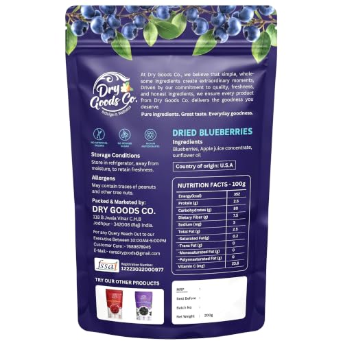 Image of Dry Goods Co. Dried Blueberries 400g | No Added Sugar | A++ Quality | Lab Tested | Rich in Antioxidants (200g X 2)