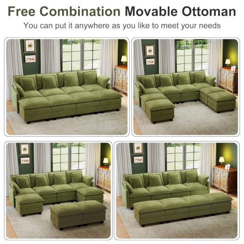 Image of 107 inch Cloud Couch Sectional Modular Sofa, Deep Seat Couches with Ottoman and Removable Washable Pillows for Living Room, Bedroom, Apartment, Green