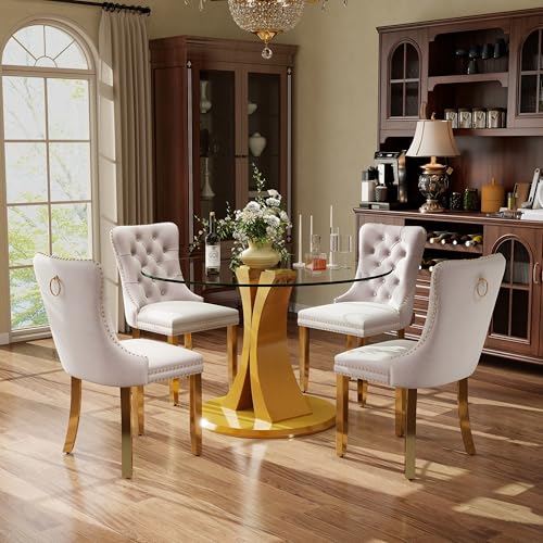Image of 5-Piece Dining Table Set with 39In Tempered Glass Table and 4 Velvet Upholstered Chairs, Modern Scandinavian Furniture for Dining Room Kitchen(Beige&Gold)