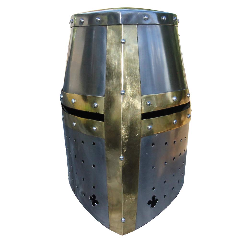 Armory Replicas™ Medieval Great Helm – 18G Polished Steel Full Head Helmet with Leather Liner & Ventilation – Hand-Forged Functional Helmet for Reenactment, Costume, LARP, or Display