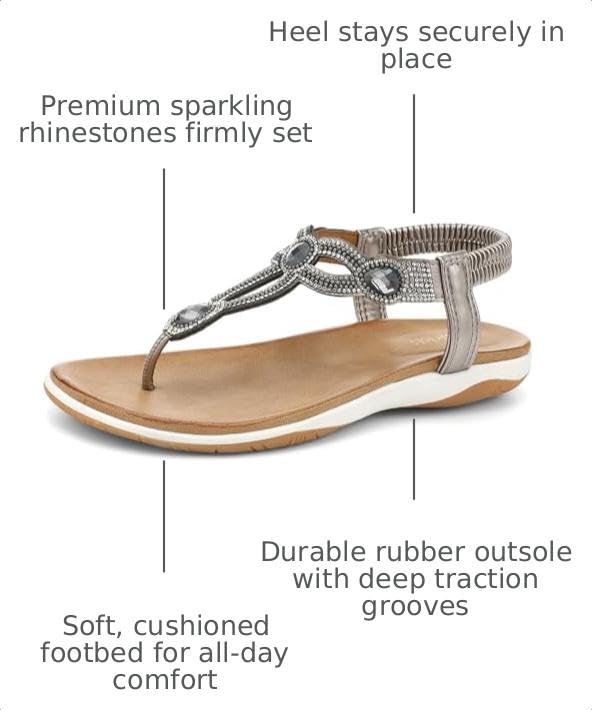 Image of UBFEN Womens Flat Sandals with Arch Support - T-Strap Thong Sandals with Elastic Back Strap, Comfortable for Walking, Bling, Rhinestone, Dressy
