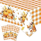 Kesfey 3 Pack Fall Pumpkin Plastic Tablecloth 54 x 108 Inch Thanksgiving Party Table Cloth Orange Buffalo Check Plaid Tablecloth Disposable Waterproof Autumn Harvest Theme Tablecover for Dinner Decor
