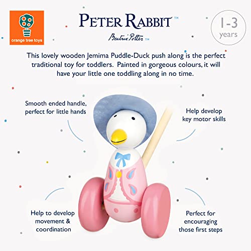Image of Orange Tree Toys Jemima Puddle-Duck Push Along | Hand Painted Colorful Wooden Toy for Toddlers Age 12m+, Sustainably Made, Perfect for Encouraging First Steps and Developing Key Motor Skills