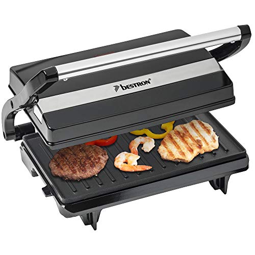 Foto von Bestron elektrischer Kontaktgrill mit Auffangschale, Sandwichmaker mit Cool-Touch-Handgriff, Paninimaker mit Antihaftbeschichtung, 700 Watt, APM123Z, Farbe: Schwarz, 22,5 x 14 cm