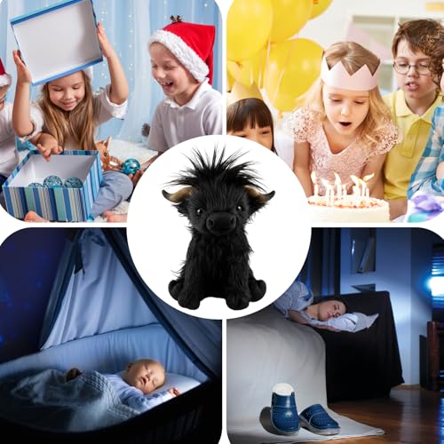 JazRvr Hochlandrind Kuscheltier, Schottisches Highland Cow Plüschtier, Kuscheltier Kuh Für Kinder, 28 cm Schwarzes Kuscheltier, Stressabbau